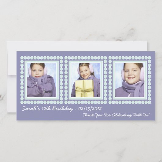 紫色の誕生日の女の子は写真カード感謝していしています サンキューカード (正面)