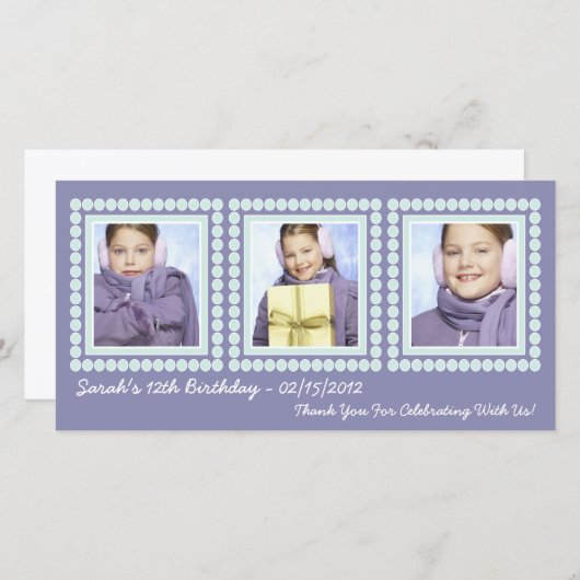 紫色の誕生日の女の子は写真カード感謝していしています サンキューカード (正面/裏面)