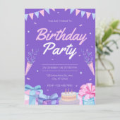 紫色の誕生日パーティーの招待状 招待状 (スタンド正面)