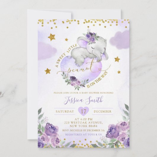 紫色の象の夢のような小さなピーナッツ赤ちゃんシャワー 招待状 (正面)