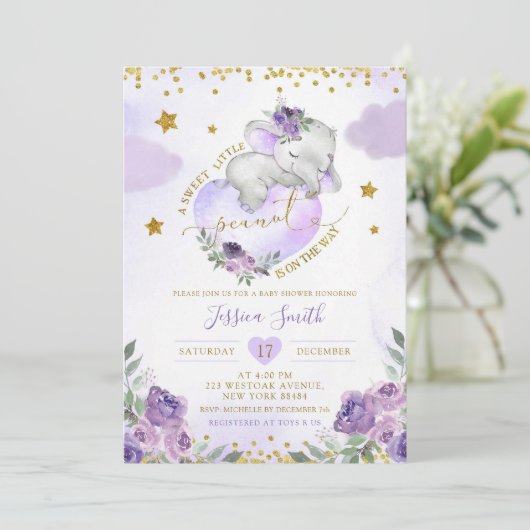 紫色の象の夢のような小さなピーナッツ赤ちゃんシャワー 招待状 (スタンド正面)