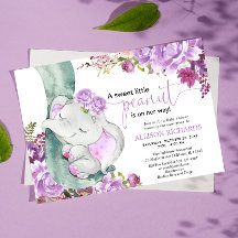 紫色の象の女の子のフローラの赤ちゃんシャワー