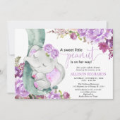 紫色の象の女の子のフローラの赤ちゃんシャワー 招待状 (正面)