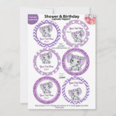 紫色の象の女の子カップケーキトッパー、赤ちゃんシャワー 招待状 (正面)