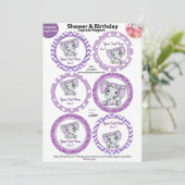 紫色の象の女の子カップケーキトッパー、赤ちゃんシャワー 招待状 (スタンド正面)