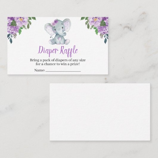 紫色の象の赤ちゃんシャワーおむつラッフル 名刺 (正面/裏面)