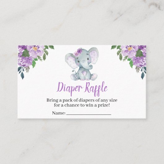 紫色の象の赤ちゃんシャワーおむつラッフル 名刺 (正面)