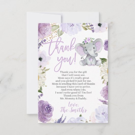 紫色の象の赤ちゃんシャワーサンキューカード サンキューカード (正面)