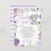 紫色の象の赤ちゃんシャワーサンキューカード サンキューカード (正面/裏面)