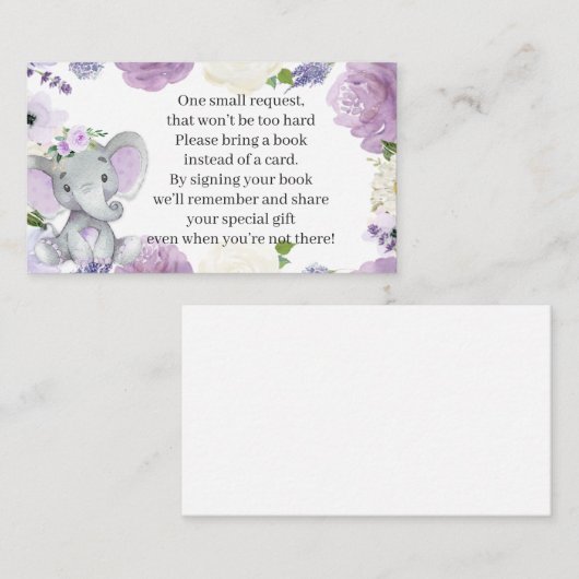 紫色の象の赤ちゃんシャワーブックリクエストカード エンクロージャーカード (正面/裏面)