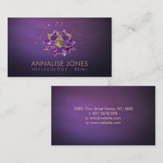 紫色の贅沢なアメジストそして金ゴールドのはす 名刺 (正面/裏面)