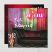 紫色の赤いカクテルガールズ21st誕生日パーティー 招待状 (正面/裏面)