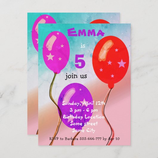 紫色の赤いバルーン子供の誕生日パーティー インビテーションポストカード (正面/裏面)