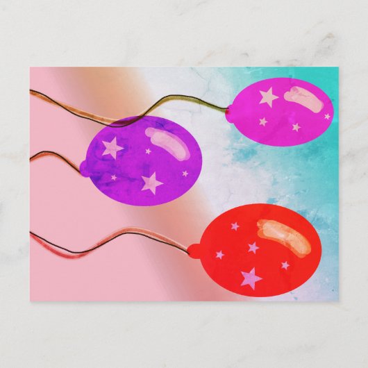 紫色の赤いバルーン子供の誕生日パーティー インビテーションポストカード (裏面)