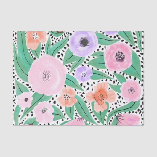 紫色の赤いフローラ水玉模様水の色パターン 薄葉紙 (正面)