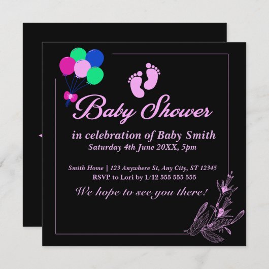 紫色の赤ちゃん女の子かわいい赤ちゃんシャワー 招待状 (正面/裏面)