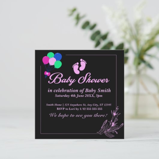 紫色の赤ちゃん女の子かわいい赤ちゃんシャワー 招待状 (スタンド正面)