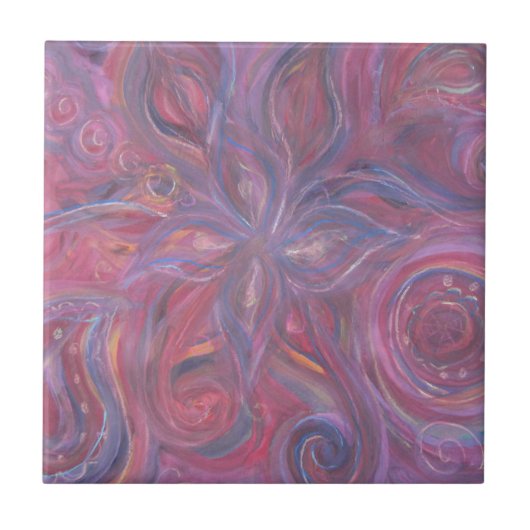 紫色の赤の抽象芸術の花柄パターン タイル (正面)