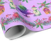 紫色の赤の緑の例示的な雪だるまとクリスマス ラッピングペーパー (ロールコーナー)