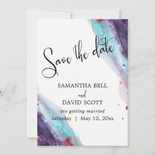 紫色の赤アクア水の色モダン日付を保存 招待状 (正面)
