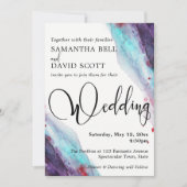 紫色の赤アクア水モダン色結婚の2 招待状 (正面)