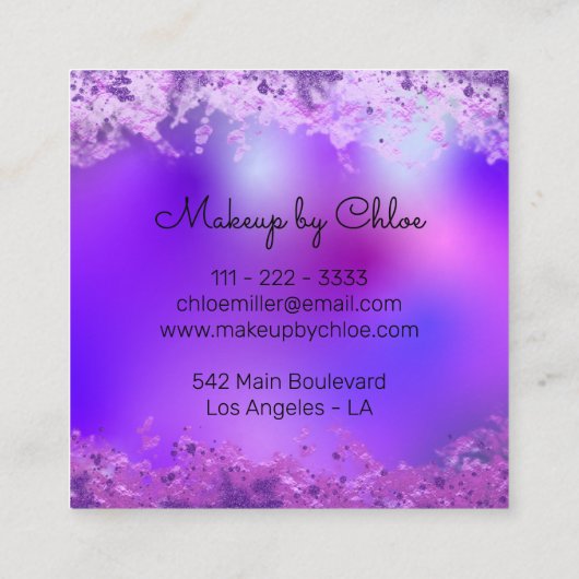 紫色の輝くフォイルモダンメイクアップアーティスト スクエア名刺 (裏面)