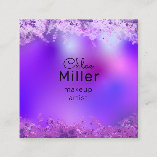 紫色の輝くフォイルモダンメイクアップアーティスト スクエア名刺 (正面)