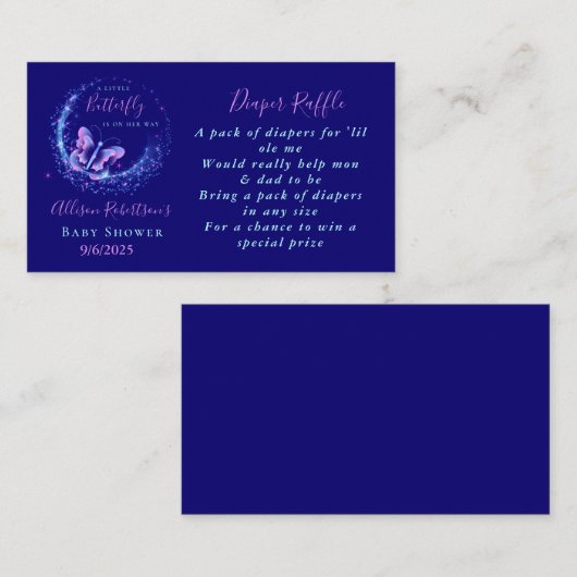紫色の輝く蝶の赤ちゃんシャワーおむつラッフル エンクロージャーカード (正面/裏面)