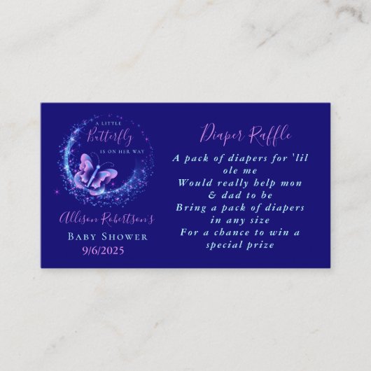 紫色の輝く蝶の赤ちゃんシャワーおむつラッフル エンクロージャーカード (正面)