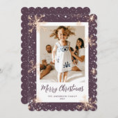 紫色の輝く雪の結晶の写真メリークリスマス シーズンカード (正面/裏面)