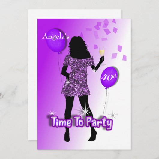 紫色の輝ガーリーかしいパーティーへパーソナライズされた 招待状 (正面/裏面)