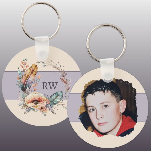 紫色の追加イニシャルフローラ写真 キーホルダー