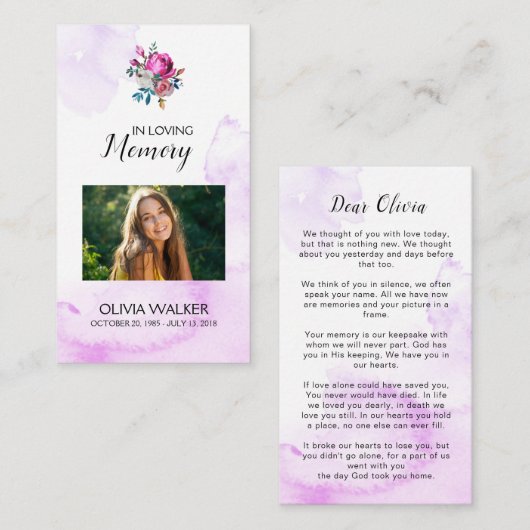 紫色の追悼詩祈りの言葉カード エンクロージャーカード (正面/裏面)