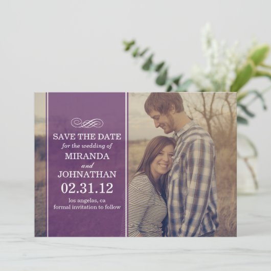 紫色の透明な写真の保存日付の招待 セーブザデート (スタンド正面)