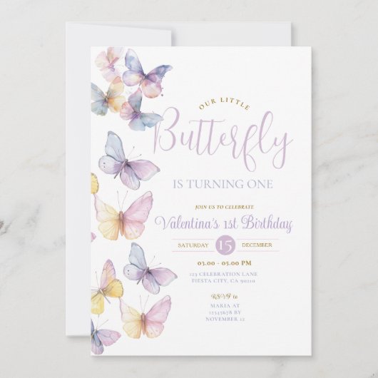 紫色の透明な小さな蝶が1回転している 招待状 (正面)