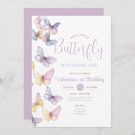 紫色の透明な小さな蝶が1回転している 招待状 (正面/裏面)
