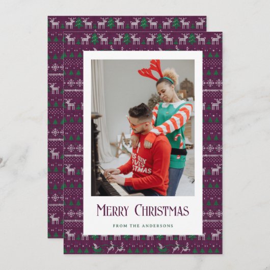 紫色の醜いクリスマスセーター写真ホリデーカード シーズンカード (正面/裏面)