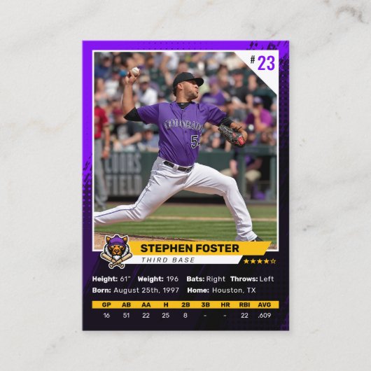 紫色の野球トレーディングカードフォトベースボールロゴ コーリングカード (正面)