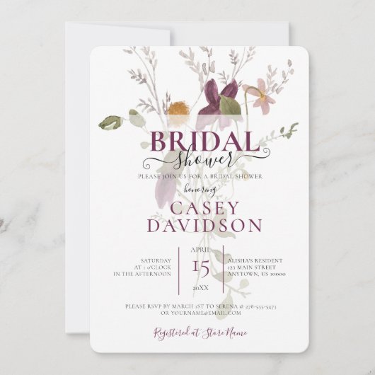 紫色の野生の花のブライダルシャワー招待 招待状 (正面)