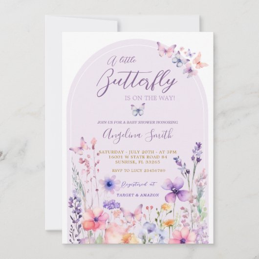 紫色の野生の花の蝶の赤ちゃんシャワー 招待状 (正面)