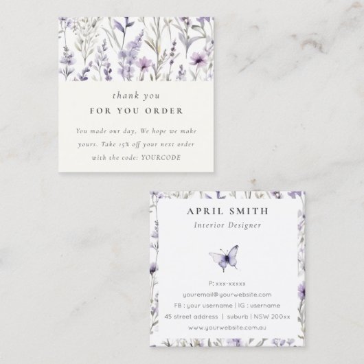 紫色の野生の花蝶ご注文ありがとうございます スクエア名刺 (正面/裏面)