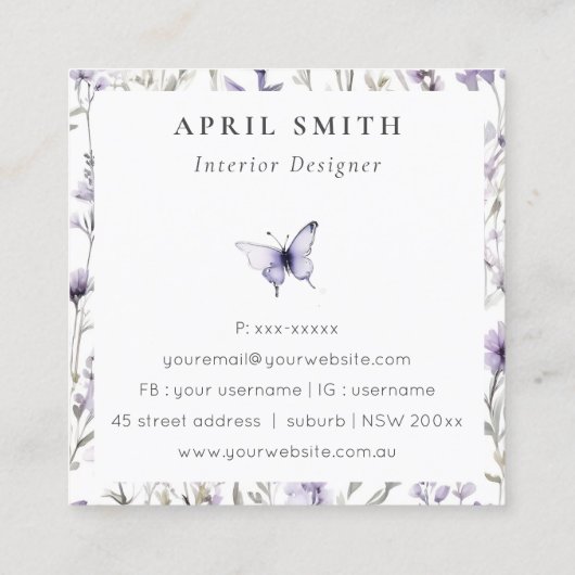 紫色の野生の花蝶ご注文ありがとうございます スクエア名刺 (裏面)