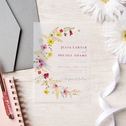 紫色の野生の蘭の花リース結婚の写真 ベラム紙招待状 (ウェディング)