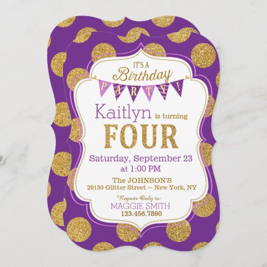 紫色の金ゴールドのグリッターの輝きの第4誕生日の招待 招待状 (正面/裏面)