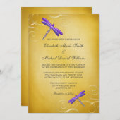 紫色の金ゴールドのトンボの渦巻の結婚 招待状 (正面/裏面)