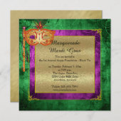 紫色の金ゴールドの仮面舞踏会の謝肉祭の球の招待状 招待状 (正面/裏面)