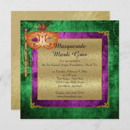 紫色の金ゴールドの仮面舞踏会の謝肉祭の球の招待状 招待状 (正面/裏面)