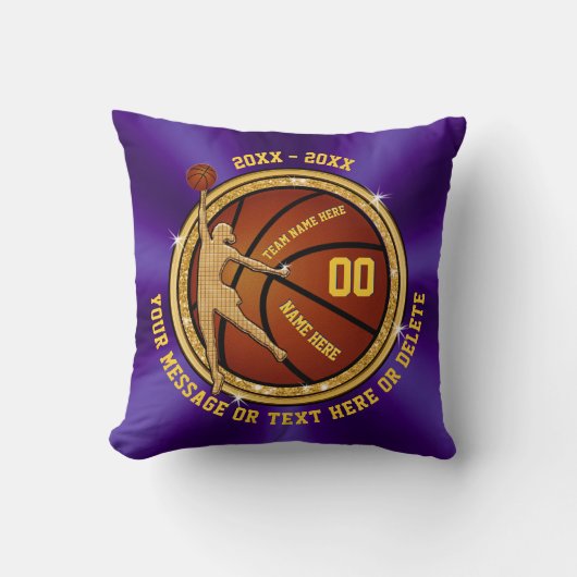 紫色の金ゴールドの女の子のためのパーソナライズなバスケットボールのギフト クッション (正面)