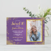 紫色の金ゴールドの菓子16のパーティーのエレガントな誕生日の写真 招待状 (スタンド正面)