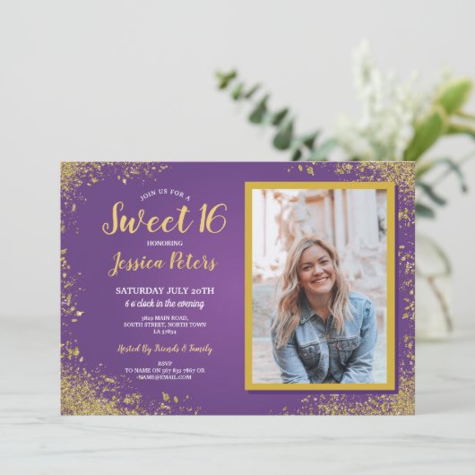 紫色の金ゴールドの菓子16のパーティーのエレガントな誕生日の写真 招待状 (スタンド正面)